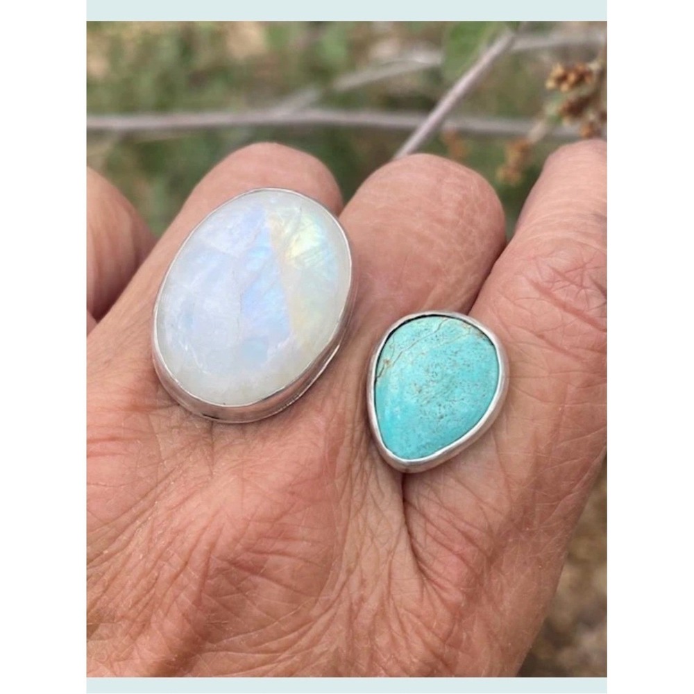 Moonstone and Turquoise Sterling Silver Chunky Dual Adjustable Ring - Picture 3 of 6